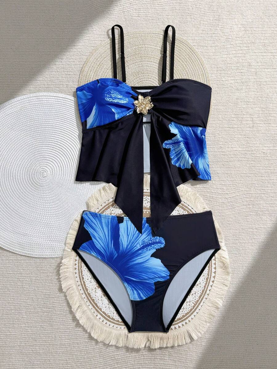 SHEIN 青少年女孩細肩帶式比基尼,黑色2件組比基尼套裝,青少年女孩度假泳衣,春/夏 - 彩色 - 查看 1