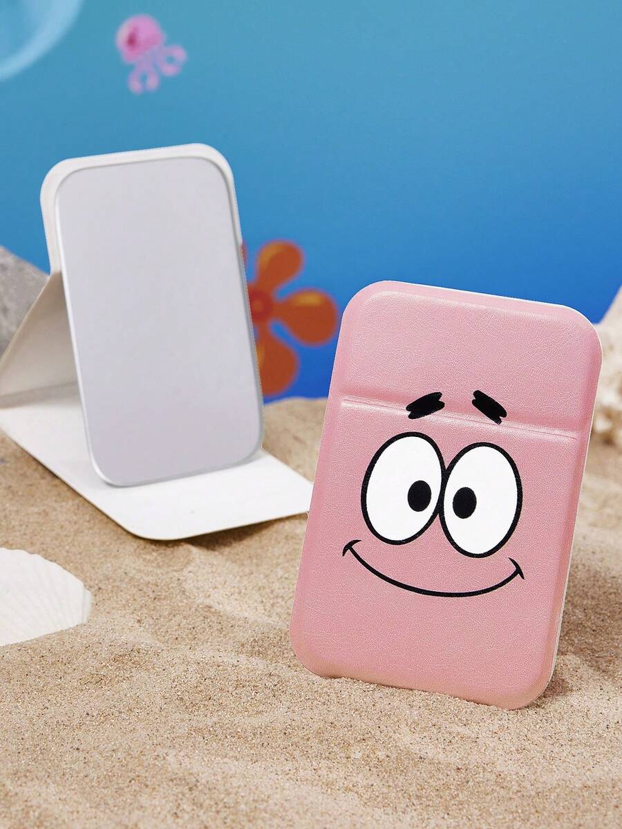 SpongeBob SquarePants | SHEIN 1個可愛圖案印花PU皮革材質粉紅色可折疊HD便攜式鏡子,可站立或手持,輕巧便攜,方便檢查妝容細節,適合旅行和通勤,P Atrick Star,卡通 - 粉色 - 查看 1
