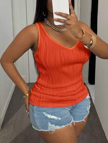 Slaydiva Plus Size Women's Casual Basic Tank Top, Deep V Neck And Fine Ribbed Texture, White - Orange - View 4