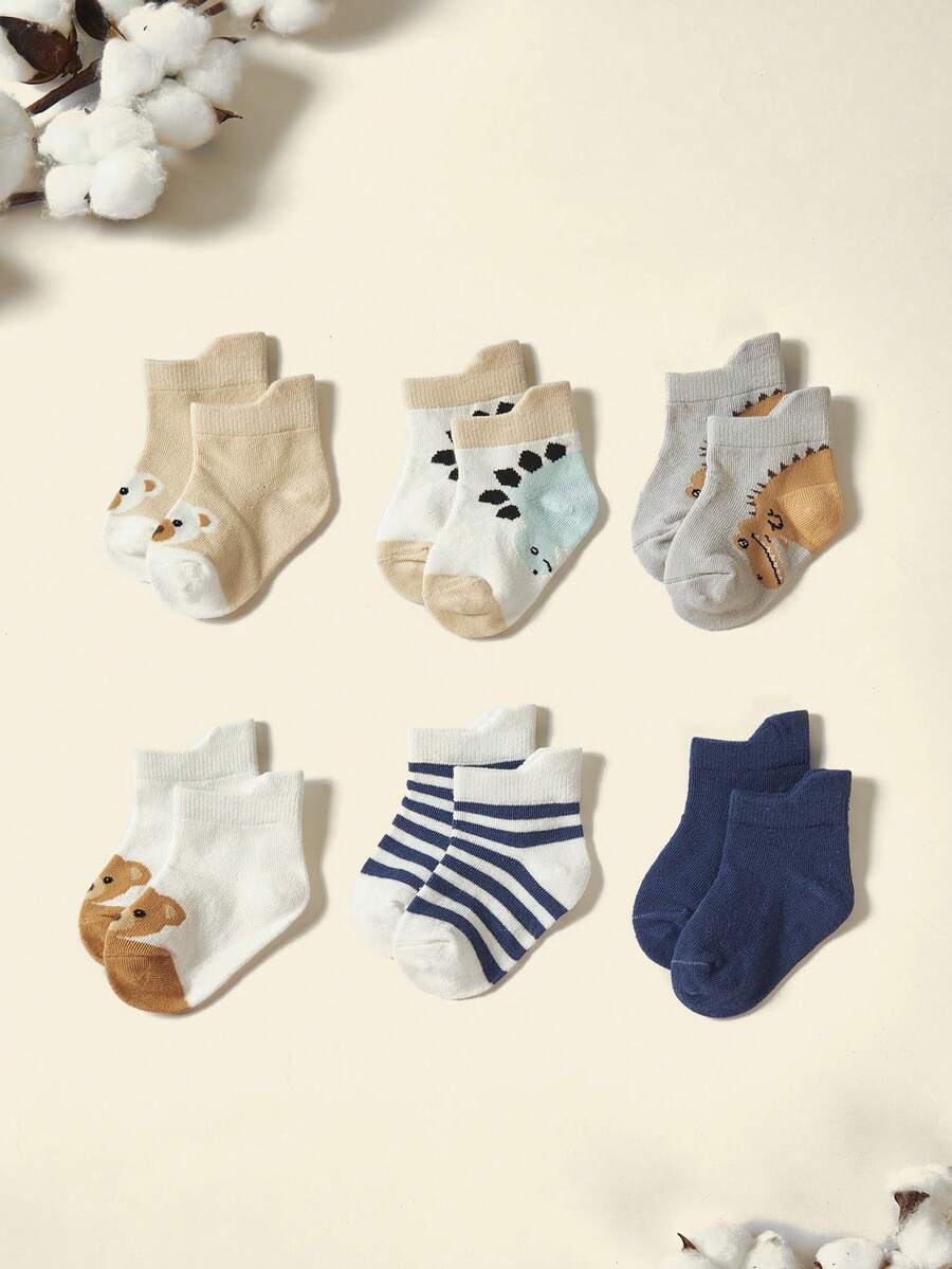 Cozy Pixies Bebé 6 pares Calcetines tobilleros dinosaurio & con patrón de rayas - Multicolor - Ver 1