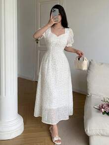 Feyla Women's Polka Dot Print Short Petal Sleeve Elegant Midi Dress - Pearl White - View 5