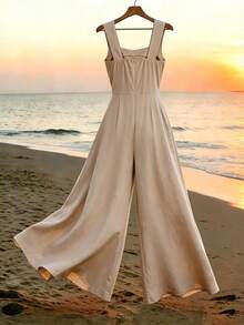 SHEIN Holidaya Women's Summer Casual Solid Color Sleeveless Jumpsuit - Khaki - View 2
