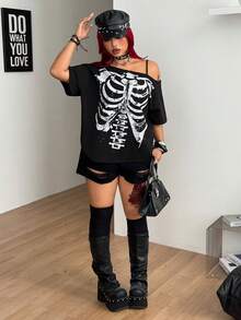 Coolane 女款大尺碼夏秋街頭風哥德 Y2K 復古龐克圖案不對稱領寬鬆短袖黑色 T 恤 萬聖節 - 黑色 - 查看 6