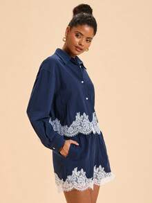 Travachic Lace Patchwork Long Sleeve Shirt & Shorts 2pcs - Blue - View 7