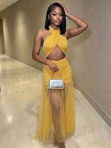 BamGleam Vestido de mujer con cuello extra largo, malla y espalda descubierta con pliegues - Amarillo - Ver 3