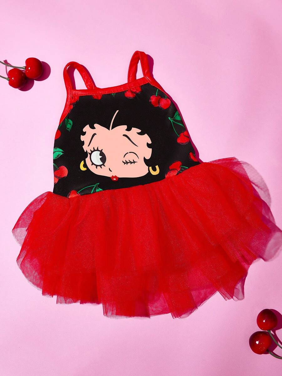 Betty Boop x SHEIN 1件可愛卡通角色圖案印花寵物吊帶蓬蓬裙,貓咪衣服,狗狗衣服,尺寸XXS-XXXXL,特小號,特大號,薄紗裙,性感,俏皮,櫻桃 - 紅色 - 查看 1