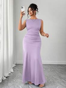 Elenzga Women's Elegant Dress, Sleeveless Round Neck A-Line Silhouette, Ruched Waist Design, Solid Color Knit Fabric - Purple - View 1