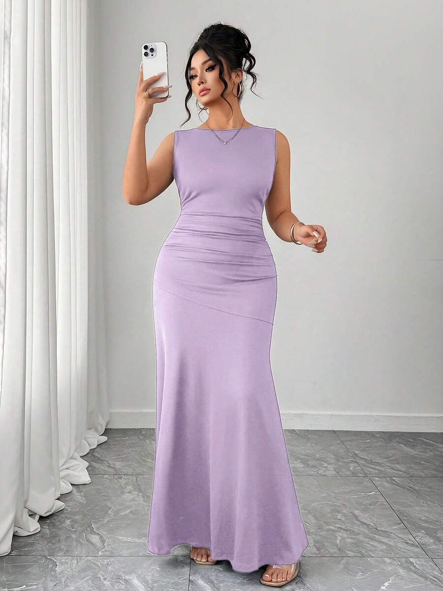 Elenzga Women's Elegant Dress, Sleeveless Round Neck A-Line Silhouette, Ruched Waist Design, Solid Color Knit Fabric - Purple - View 1