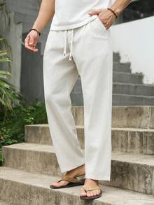 VENTUSAIL Men's Solid Color Drawstring Waist Pocket Casual Linen Long Pants - Beige - View 5