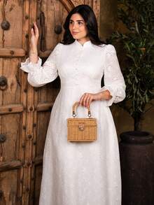 The Leen Edit Women's French Stand Collar Puff Sleeve Dress With Drape Design Fall Cloth For Women Elegant White - White - View 3