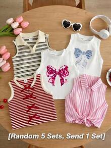 [Random 5Sets, Send 1 Set]Chance Of Getting 1 Set!! Young Girl Round Neck T-Shirt With Bow Decal - White - View 10