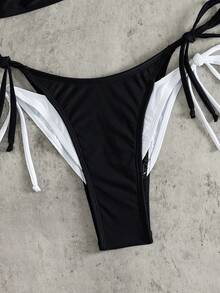 Swim Chiccia 酷辣女孩風女款兩件式泳衣套裝，黑白配色拼接設計，無肩帶三角杯平口露肩長袖防曬上衣，抓皺細節側綁比基尼泳褲，夏季度假音樂節海灘派對泳池派對吸睛穿搭，個性化上鏡辣感輕鬆度假活力青春夏日海灘風 - 黑與白 - 查看 12