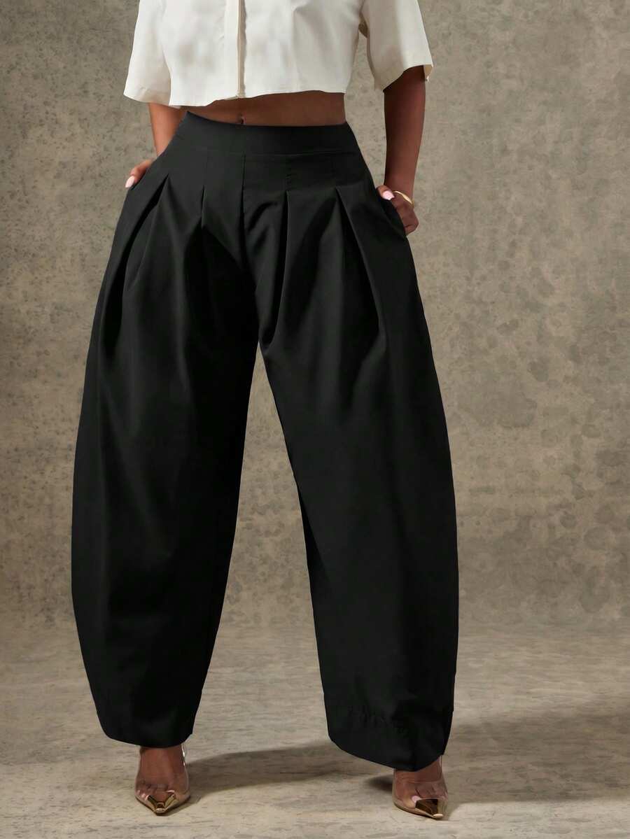 Vixey High Waist Pleated Detail Barrel Leg Office Pants - Black - View 1