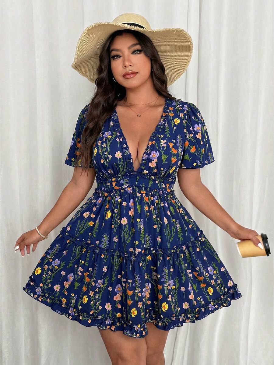Vionelle Plus Size Women's Vacation Chiffon Printed Ruffle Sleeve Lettuce Edge Dress - Navy Blue - View 1