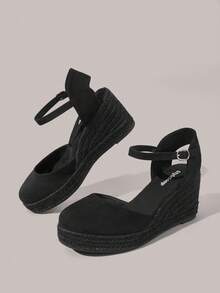 Styleloop Sandalias de plataforma con cuña versátiles para mujer, estilo sencillo en negro puro, punta cerrada y hebilla, para uso diario - Negro - Ver 4