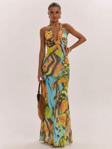 SHEIN BAE Women's Backless Yellow Floral Butterfly Print Mesh Maxi Dress,Draped Neck Beaded Decor Elegant Casual Summer Holiday Vacation Holiday Dress - Yellow - View 6