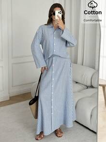 Solavon Women's Blue And White Striped Dropped Shoulder Long Sleeve Single-Breasted Shirt And Skirt Casual Modest Two Pieces Set Vacation - Blue and White - View 6