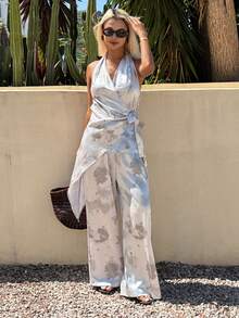 DAZY Tie-Dye Halter Neck Backless Lace-Up Tank Top And Long Pants Elegant Vacation Summer Set Women's Two Pieces - Grey - View 5