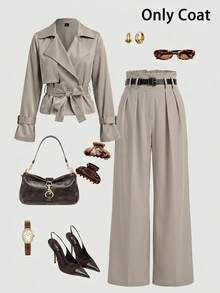 SHEIN Clasi Women Button-Up Tie Waist Trench Coat In Fall/Winter , Casual Spring - Khaki - View 1