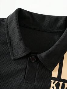 SHEIN 2件裝小男孩休閒 Polo 衫套裝，上衣採撞色拼接與織標裝飾，長褲採撞色與錐形褲管設計，舒適面料，適合夏秋季節 - 杏色 - 查看 4