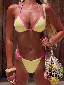 Swim Mod 春夏新款黃色&粉色拼接掛脖三角杯比基尼辣妹海灘休閒度假兩件式泳衣套裝 - 彩色 - 查看 2