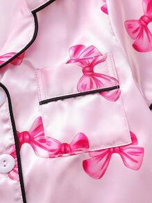 Baby Girl Pink Bow Collar Cardigan & Shorts Pajama Set, Loungewear - Pink - View 7