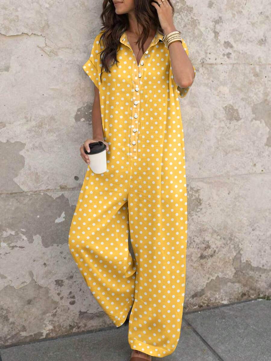 EMERY ROSE Lazy Vacation Style White Linen Texture Lapel Short Sleeve Wide Leg Jumpsuit - Yellow - View 1