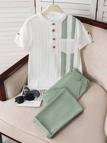2pcs/Set Boys' Summer Casual Versatile Shirt With Stand Collar And Solid Color Minimalist Pocket Long Pants, Comfortable And Stylish For Daily, Commuting And Travel - Multicolor - View 8