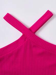 SHEIN Baby Girl Knitted Solid Color Top And Flower Pattern Shorts Set For Summer Vacation - Hot Pink - View 5