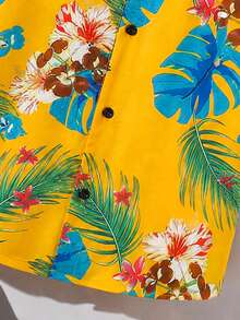 SHEIN Kemeja Tenun Lengan Pendek Berkerah Terbuka Depan dengan Motif Garis-garis Kasual untuk Anak Laki-laki Remaja - Kuning - View 5
