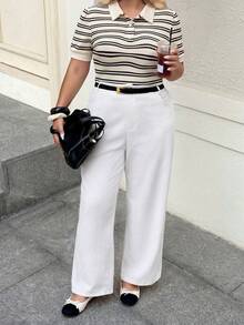Dripcurv Pantalones diarios de unicolor simple para mujer de talla grande - Blanco - Ver 3