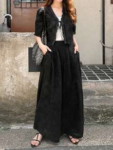 FRIFUL Women's Frill Trim Front Tie Short Sleeve Shirt And Pants 2 Pieces Set Summer Tea Party Day Party Black Romantic Elegant Lounge Sets For Women - Black - View 8