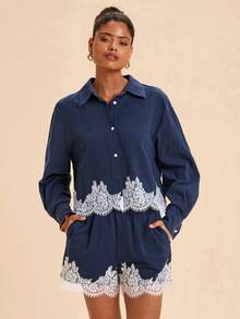 Travachic Lace Patchwork Long Sleeve Shirt & Shorts 2pcs - Blue - View 4