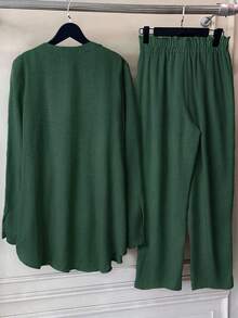 EMERY ROSE Plus Size Women's Solid Color Linen Blend Round Neck Lace Patchwork Full Button Front Mid-Sleeve Casual Elegant Comfortable Shirt + Pants 2pcs Set - Dark Green - View 2
