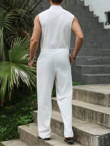 VENTUSAIL 男士素色單排扣休閒無袖水洗棉連身褲 - 白色 - 查看 2