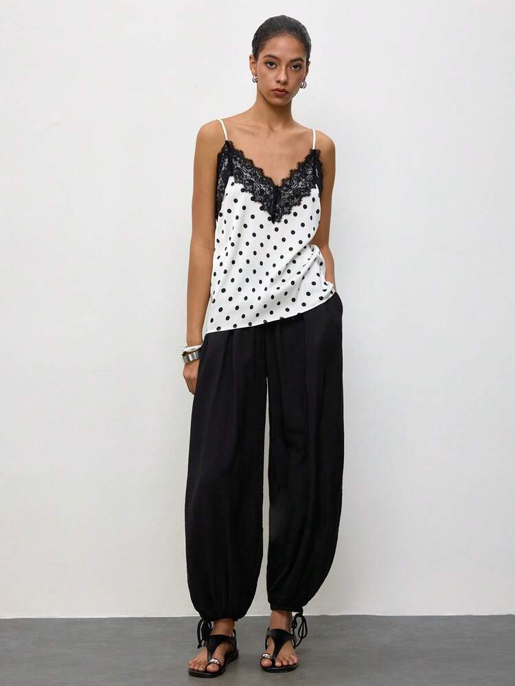 SHEIN Maija Women's Contrast Lace Polka Dot Print Fashion Camisole Tank Top,Going Out Outfits,Summer Holiday Outfits