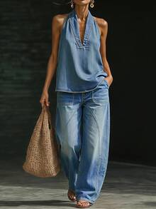 EMERY ROSE Jeans casuales de uso diario con bolsillos y botones para mujer - Azul - Ver 2