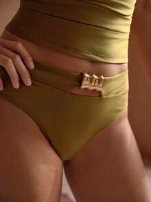 MOTF PREMIUM WOMEN'S GREEN HIGH-STRETCH PEARLESCENT FABRIC SWIM BOTTOMS WITH FRONT METAL TEXTURE BUCKLE DECOR, CASUAL VACATION BEACH PARTY STYLE - Green - View 5