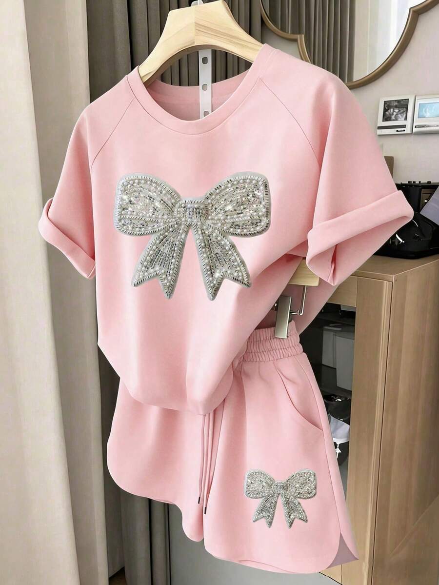 1 Set Tween Girls Pink Summer Country Cute Concert Bow Pattern Short Sleeve T-Shirt And Shorts Set,Fashion Casual Comfortable Minimalist Outfits - Pink - View 1