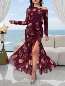 Feyla Women's Asymmetrical Shoulder Floral Print Slit Design Elegant Cinched Waist Party Dinner Dress Pink Autumn - Multicolor - View 2