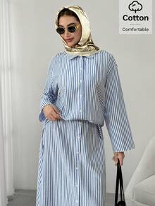 Solavon Women's Blue And White Striped Dropped Shoulder Long Sleeve Single-Breasted Shirt And Skirt Casual Modest Two Pieces Set Vacation - Blue and White - View 4