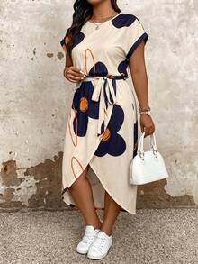 Plus Size Women's Solid Color Round Neck Batwing Sleeve Short Sleeve Asymmetrical Hem Casual Dress, Summer Long Length Women's Outfit - Multicolor - View 3