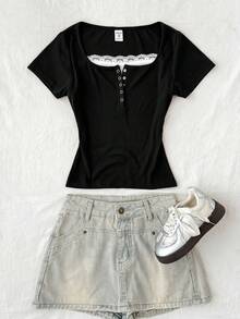 Tween Girls T-Shirts Burgundy Short Sleeve T-Shirt, Y2K Retro Casual Girl Home Lace Trim Tween Girls Fitted Navy Blue Polyester Short Sleeve Tee With Keyhole Neck And Ruched Bust For Everyday Style - Black - View 8
