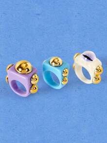 Popjeli 3 piezas 1 set de anillos cuadrados de resina personalizados con ojo de diablo, joyería de mujer de estilo punk de verano apilada y neutra, adecuada para fiestas y vacaciones - Multicolor - Ver 13