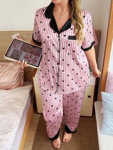 Slumberry CURVE Color Block Striped Heart Print Lapel Short Sleeve Long Pants Plus Size Women's Pajama Set - Multicolor - View 1