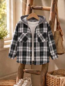 SHEIN Boys' Plaid Pattern Hooded Shacket, Spring/Autumn White - Black - View 6