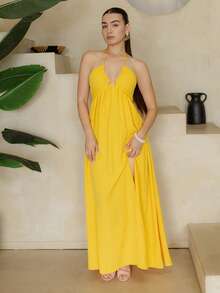 Andrea Bello Beach New Spring And Summer Casual Holiday Halter Neck Strapless Bust Dress,Vacation Outfits Women Elegant Party - Yellow - View 3
