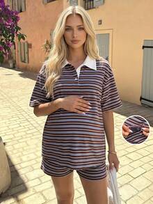 SHEIN 2 piezas Conjunto de top de manga corta con parches a rayas y pantalones cortos con cintura ajustable para maternidad, uso diario casual - Multicolor - Ver 12