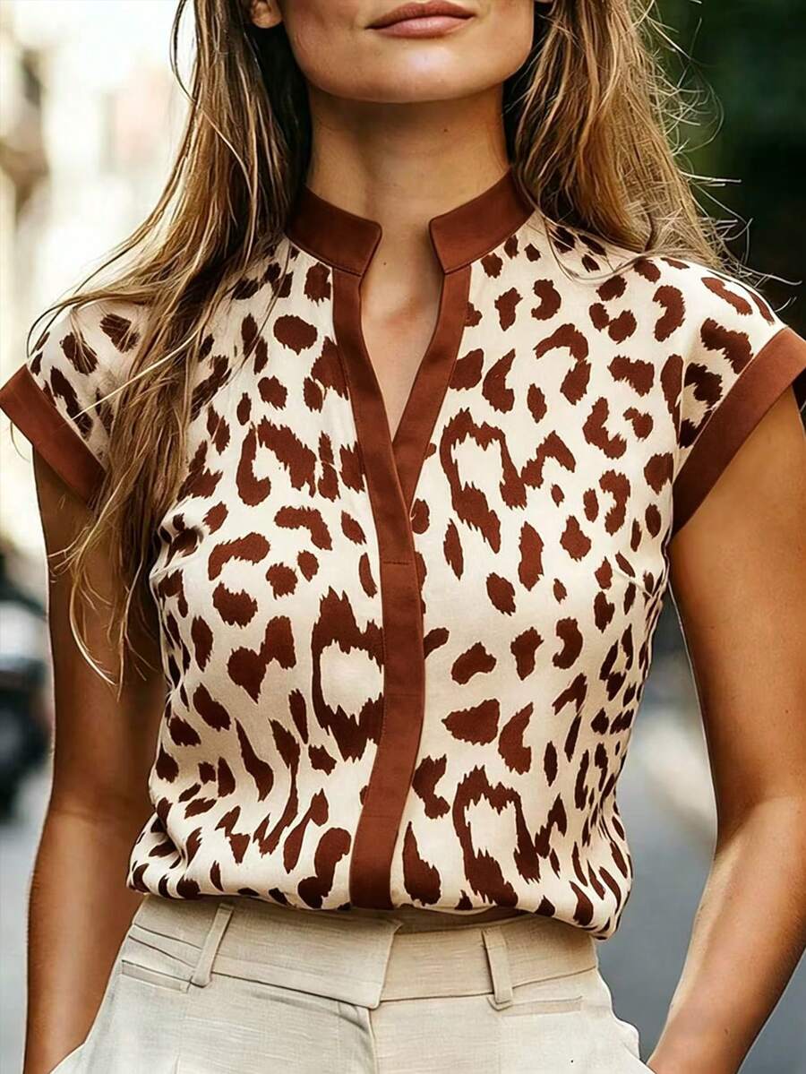 EMERY ROSE Women's Summer Casual Leopard Print Shirt - Brown - View 1