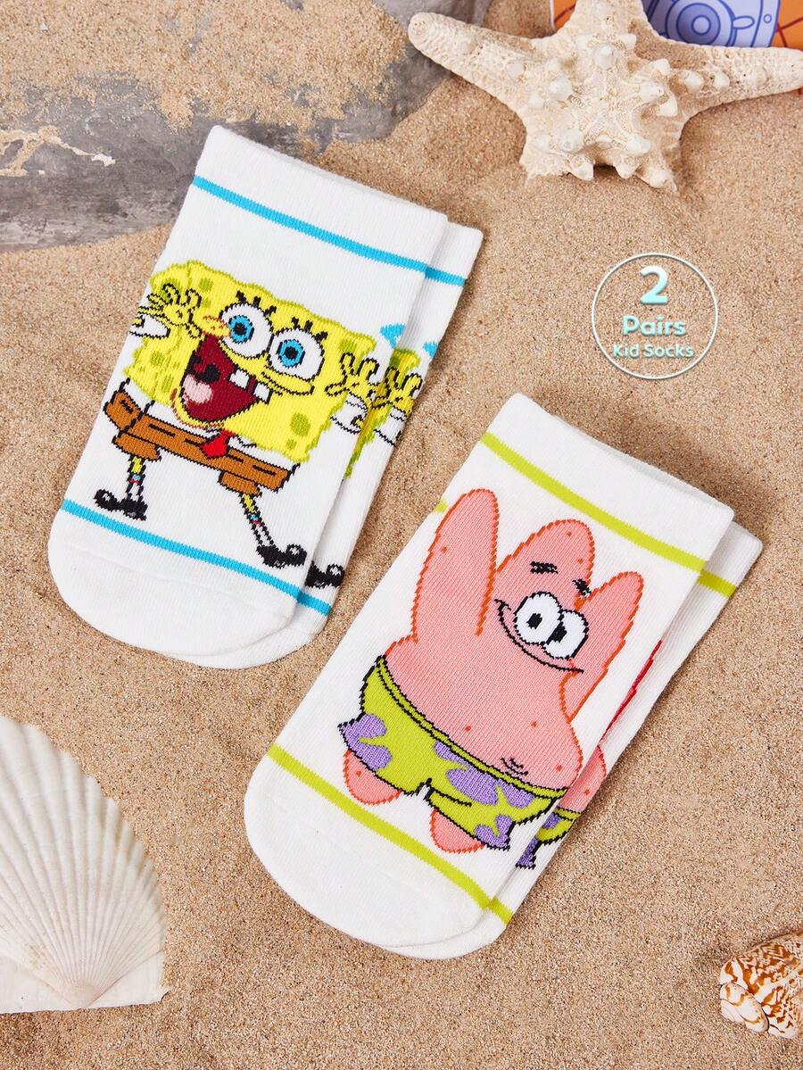 SpongeBob SquarePants | SHEIN 2雙兒童棉質柔軟透氣吸濕T-襪,可愛卡通圖案,加強腳趾與腳跟,耐穿,中性款,適合學校與戶外活動,冬夏皆宜,Patrick,絕佳禮物 - 白色 - 查看 1